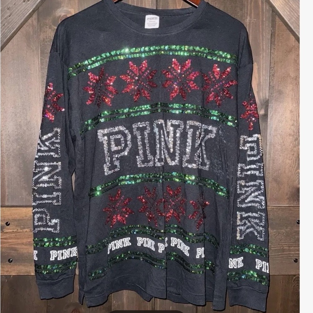 PINK Victoria's Secret Black Sequin Holiday Long Sleeve Tee